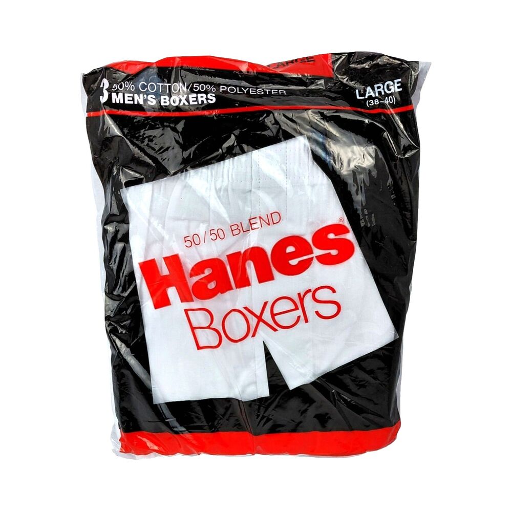 NOS Vintage Hanes 3 Pack Men’s Full Cut Boxers Size Large (38-40)White USA 1988